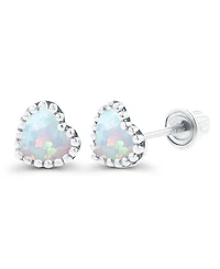 Created White Opal Heart Screwback Earrings Sterling Silver (Also 14k Rose Gold Over or Silver)