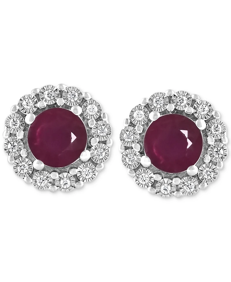 Ruby (1-3/8 ct. t.w.) & Diamond (1/10 ct. t.w.) Halo Stud Earrings in Sterling Silver