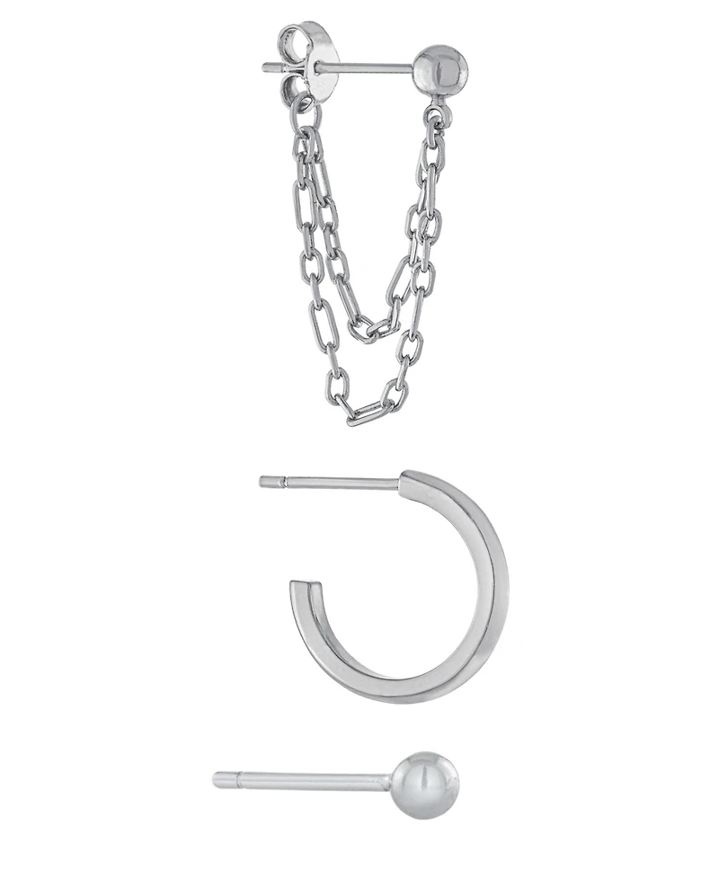 3pc Post Ball, Hoop and Chain Earring Set in Gold or Silver Plated