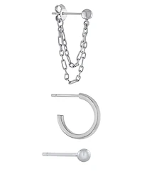 3pc Post Ball, Hoop and Chain Earring Set in Gold or Silver Plated