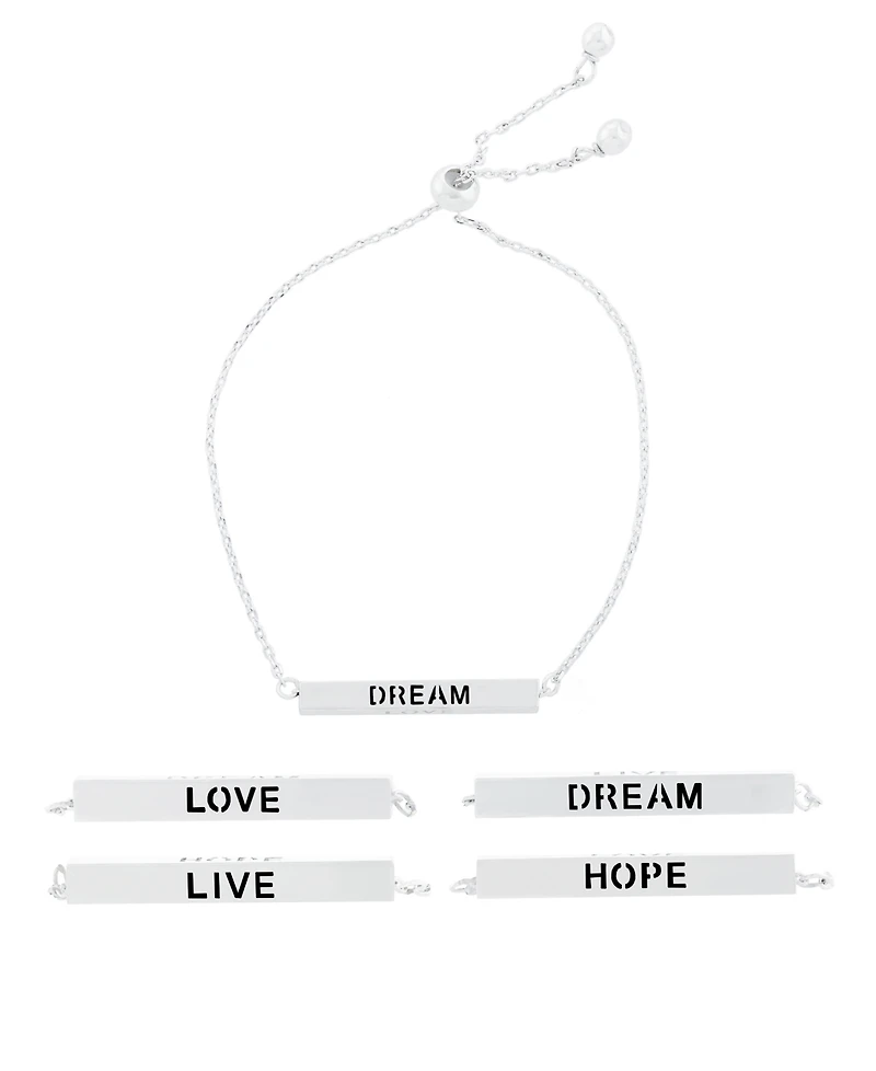 Inspirational Love, Hope, Live, Dream 4 Sided Bar Adjustable Bracelet In Silver Plated