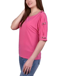 Ny Collection Petite Grommet-Trim Split-Sleeve Top