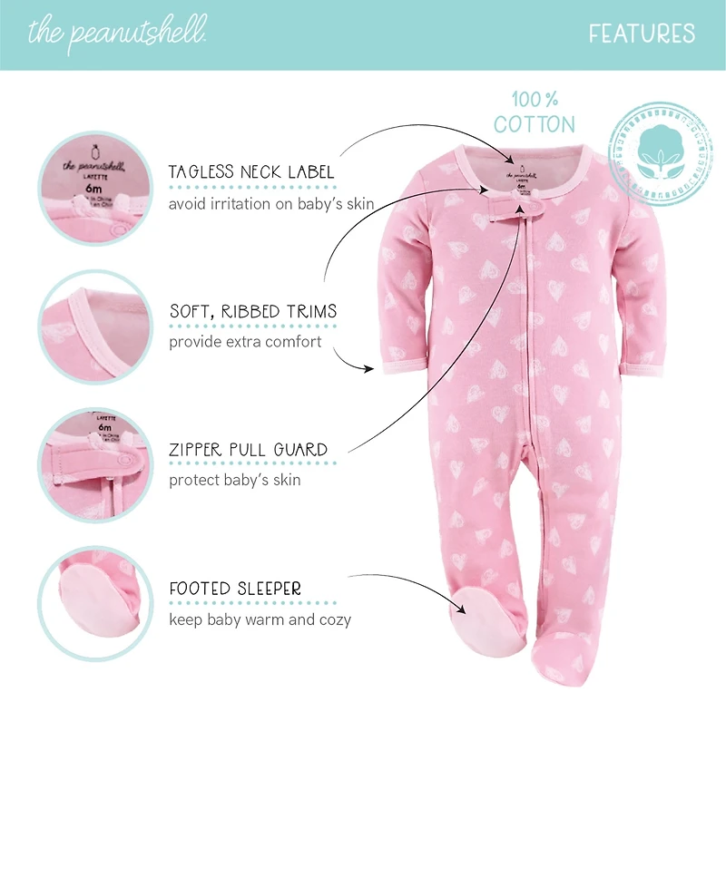 The Peanutshell Baby Girls Sleep n Play Footed Pajamas Sleepwear Set, 6-9 Months, Newborn, 3-Pack