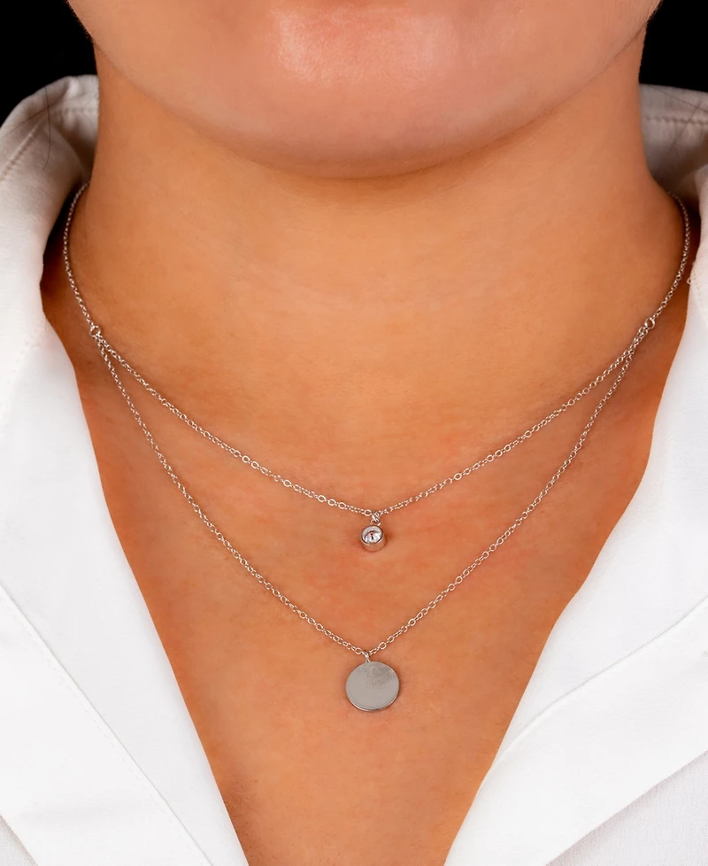 Double Layered 16" + 2" Cubic Zirconia Solitaire and 10mm Disc Chain Necklace in Gold Over Sterling Silver