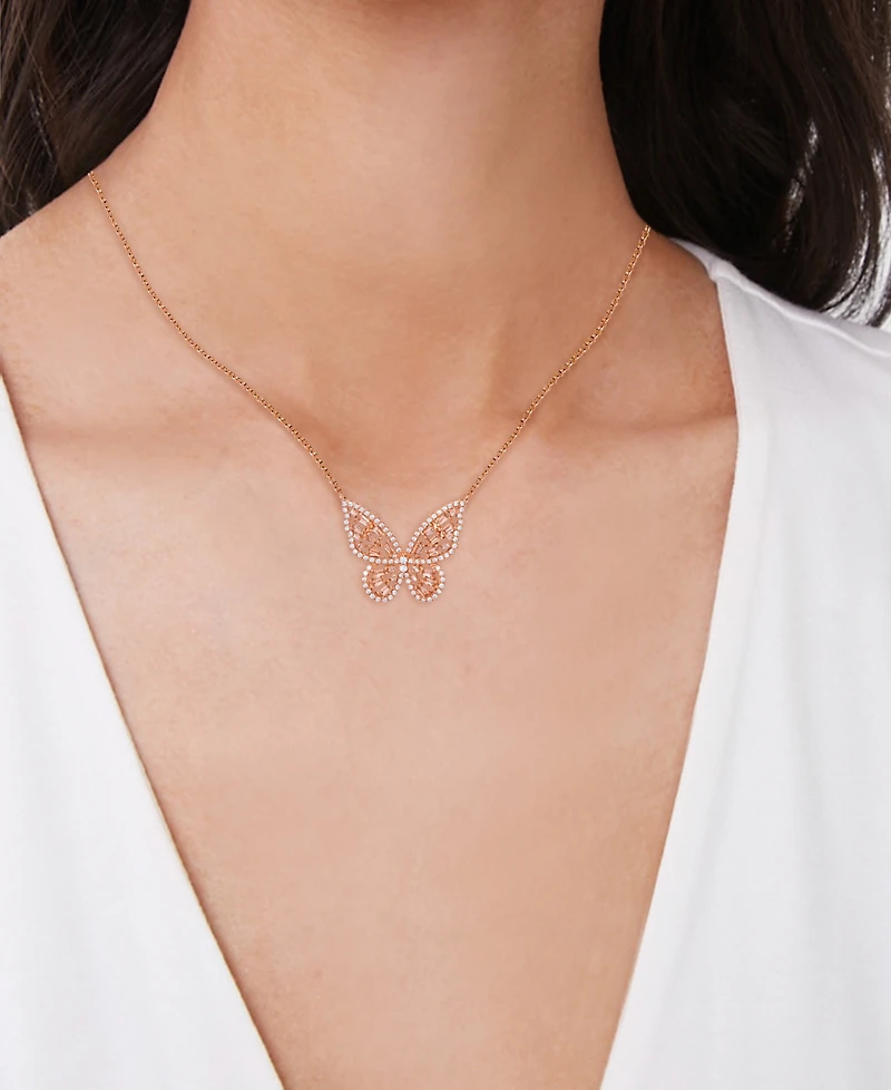 Cubic Zirconia Red Ombre Butterfly Pendant 18" Necklace Silver Plate, Gold or Rose Plate