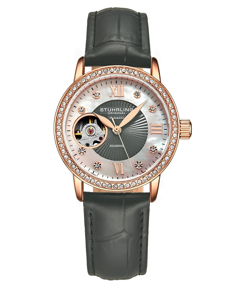 Women's Automatic Gray Alligator Embossed Genuine Leather Strap Watch 34mm