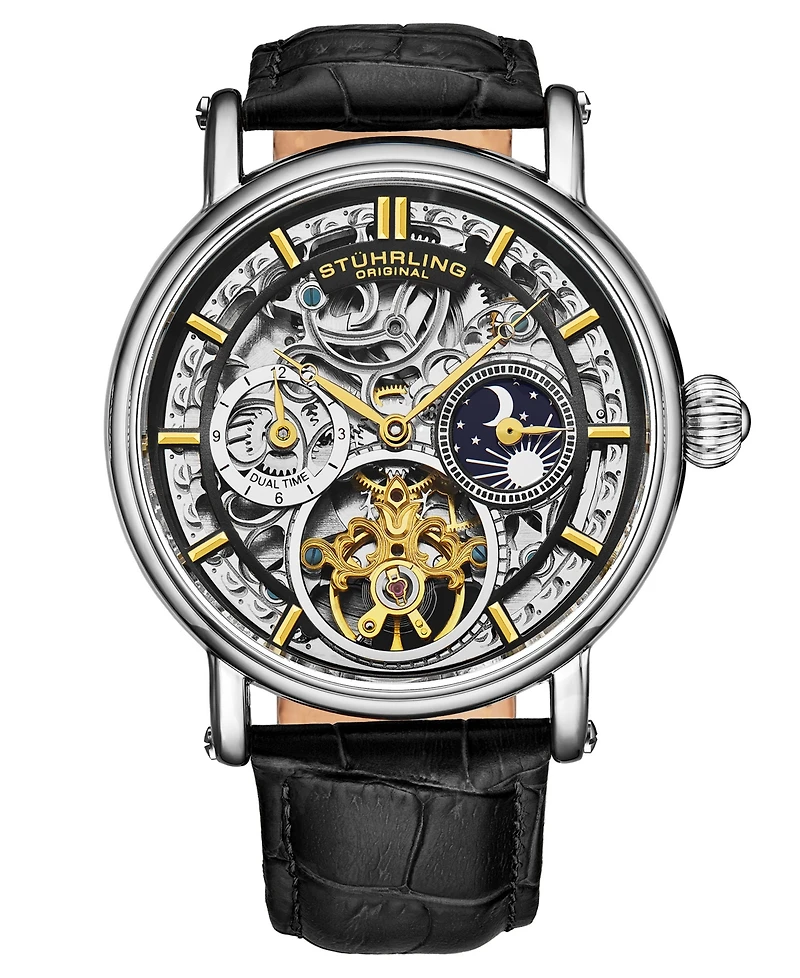 Men's Automatic Black Alligator Embossed Genuine Leather Strap Watch 43mm