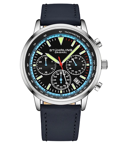 Men's Chrono Genuine Leather Strap Watch 44mm