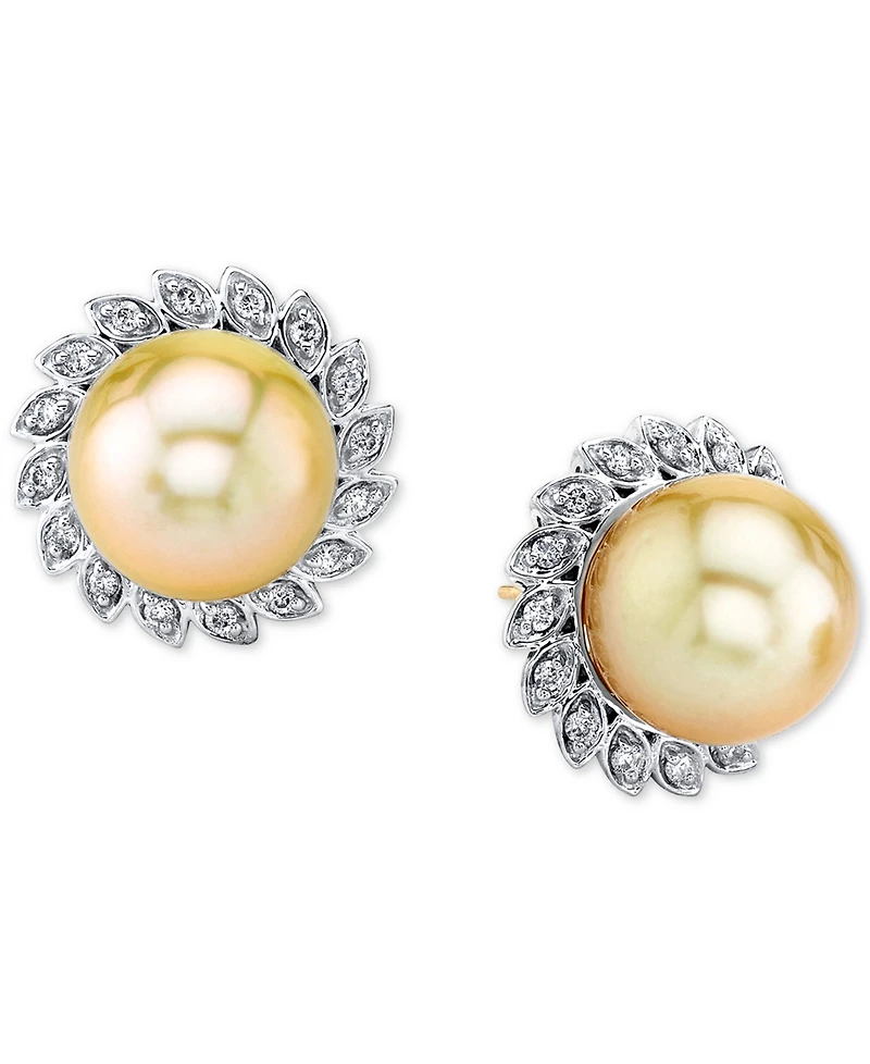 Cultured Golden South Sea Pearl (10mm) & Diamond (1/4 ct. t.w.) Stud Earrings in 10k Gold