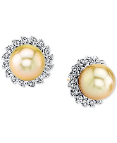 Cultured Golden South Sea Pearl (10mm) & Diamond (1/4 ct. t.w.) Stud Earrings in 10k Gold