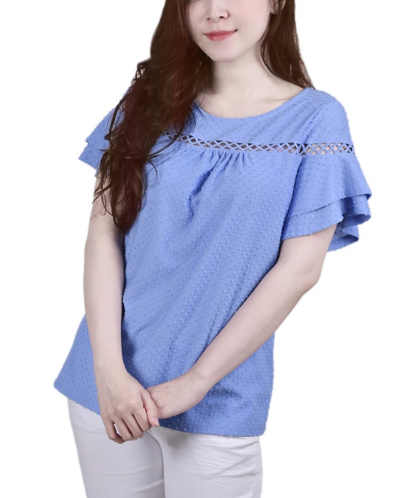 Ny Collection Petite Short Double Flutter Sleeve Swiss Dot Top