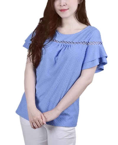 Ny Collection Petite Short Double Flutter Sleeve Swiss Dot Top
