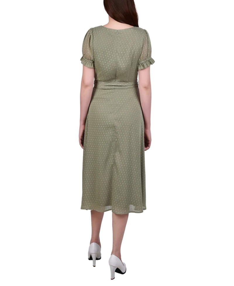 Ny Collection Petite Short Sleeve Belted Swiss Dot Dress