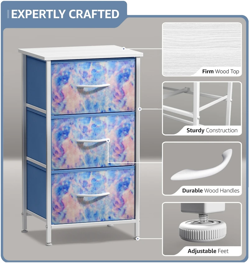 Sorbus Nightstand with 3 Drawers - Steel Frame, Wood Top & Easy Pull Fabric Bins - Perfect for Home, Bedroom