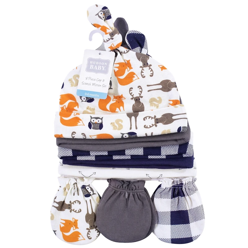 Hudson Baby Boys Essential 8-Piece Set Knotted Beanie Hats and Anti-Scratch Mitts