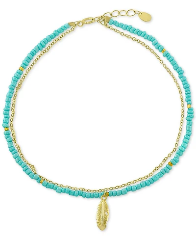 Leaf Charm Seed Beaded Double Chain Ankle Bracelet in 14k Gold-Plated Sterling Silver