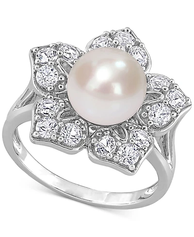Cultured Freshwater Pearl (8-1/2mm) & Lab-Created White Sapphire (1-1/3 ct. t.w.) Flower Ring Sterling Silver