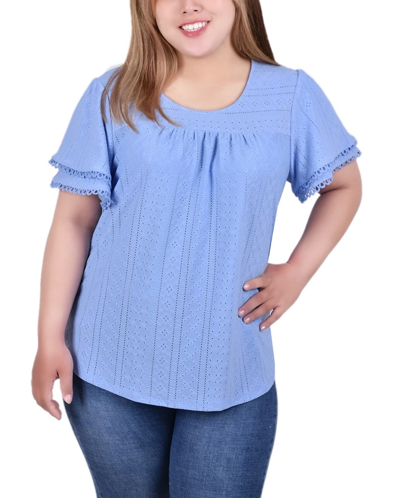 Ny Collection Plus Double Flutter Sleeve Knit Eyelet Top