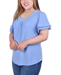 Ny Collection Plus Double Flutter Sleeve Knit Eyelet Top