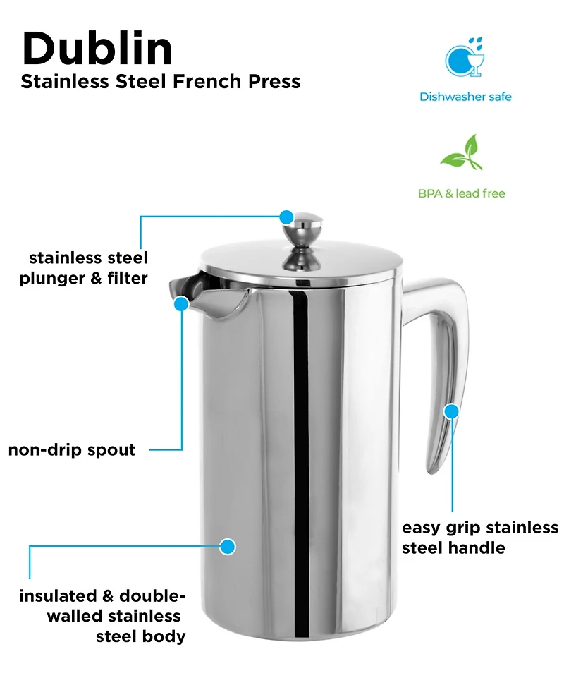 Grosche Dublin Stainless Steel Double Wall Insulated French Press, 34 fl oz Capacity