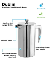 Grosche Dublin Stainless Steel Double Wall Insulated French Press, 34 fl oz Capacity
