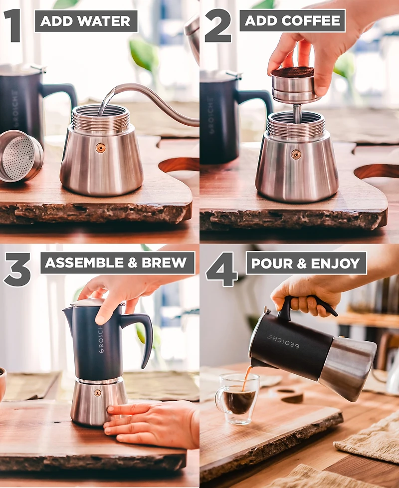 Grosche Milano Steel Stainless Stovetop Espresso Maker Moka Pot 6 Cup 10 oz