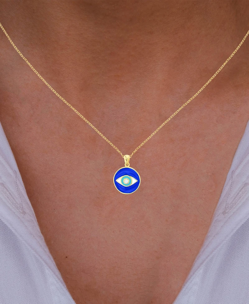 Cubic Zirconia & Enamel Evil Eye Disc Pendant Necklace in 14k Gold-Plated Sterling Silver, 16" + 2" extender