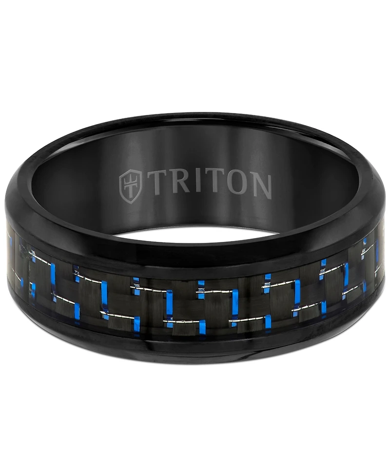 Triton Men's Blue Carbon Fiber Inlay Comfort Fit Band Black Titanium