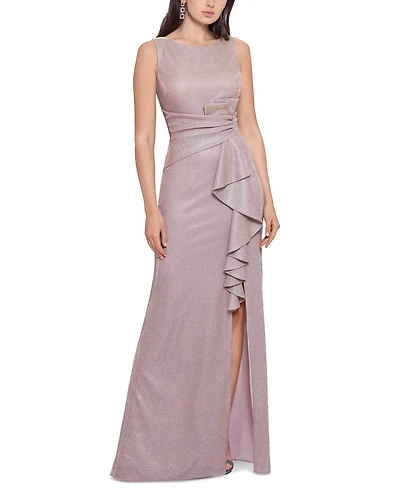 Betsy & Adam Ruffled-Front Glitter Gown