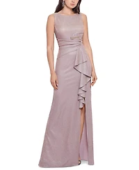 Betsy & Adam Ruffled-Front Glitter Gown