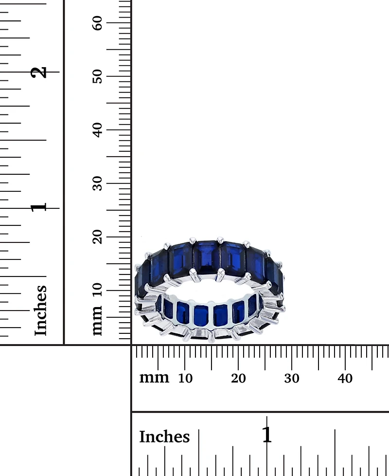 Lab Grown Blue Spinel Emerald Cut Eternity Band Rhodium Plated Sterling Silver