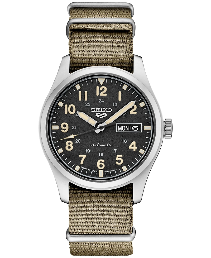 Seiko Men's Automatic 5 Sports Khaki Nylon Strap Watch 43mm