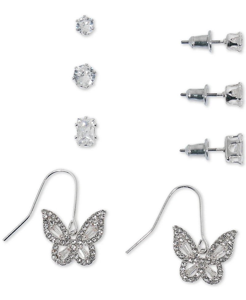 4-Pc. Set Cubic Zirconia Stud & Butterfly Drop Earrings in Silver Plate