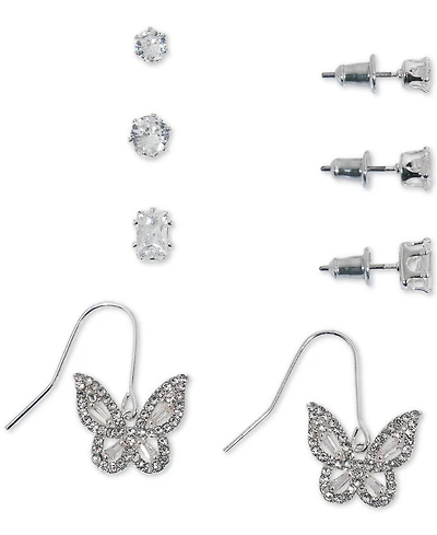 4-Pc. Set Cubic Zirconia Stud & Butterfly Drop Earrings in Silver Plate