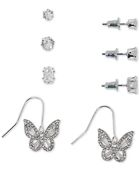 4-Pc. Set Cubic Zirconia Stud & Butterfly Drop Earrings in Silver Plate