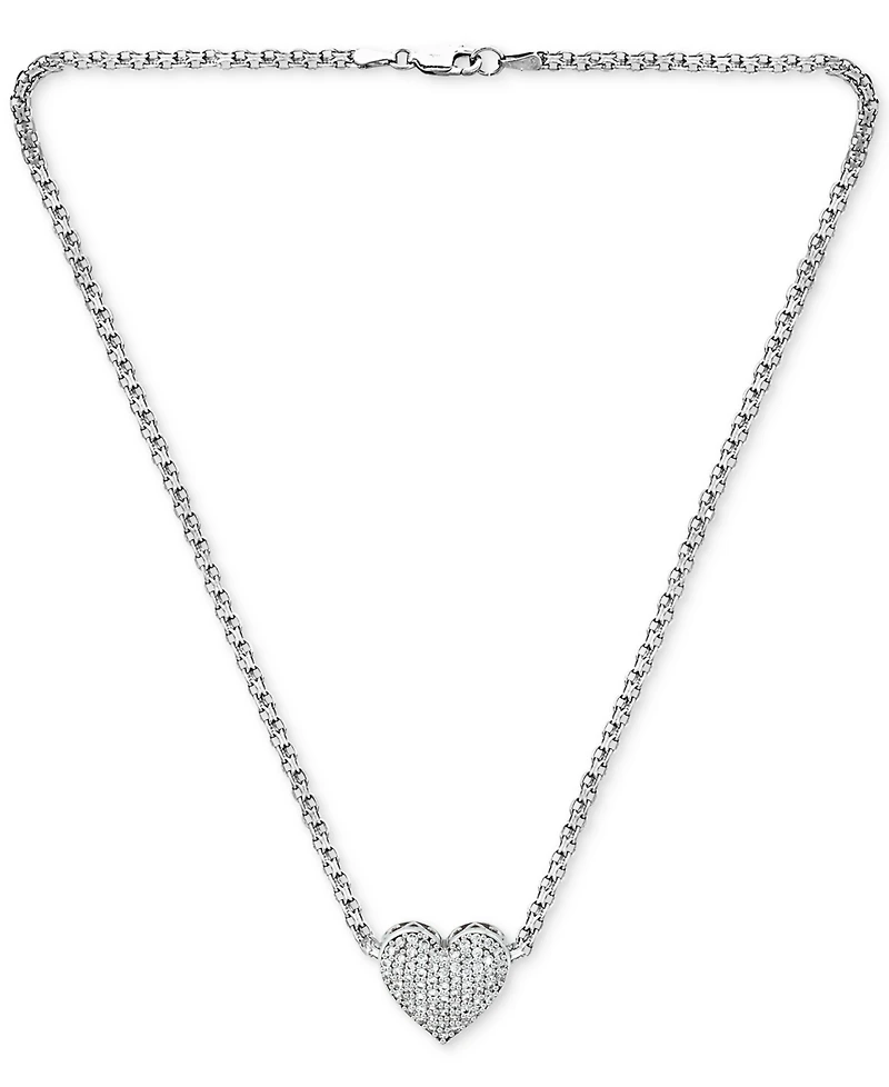 Cubic Zirconia Pave Heart 18" Pendant Necklace in Sterling Silver