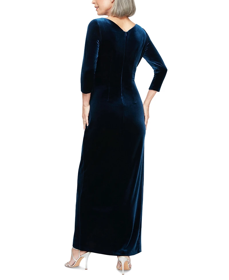 Alex Evenings Petite Velvet Side-Ruched 3/4-Sleeve Gown