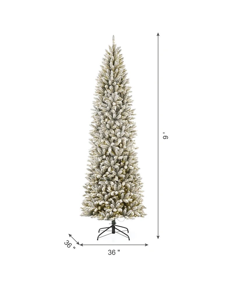 Glitzhome Pre-Lit Flocked Pencil Fir Artificial Christmas Tree with 600 Warm White Lights, 9'