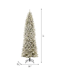 Glitzhome Pre-Lit Flocked Pencil Fir Artificial Christmas Tree with 600 Warm White Lights, 9'