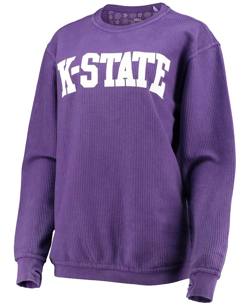 Women's Purple Kansas State Wildcats Comfy Cord Vintage-Like Wash Basic Arch Pullover Sweatshirt