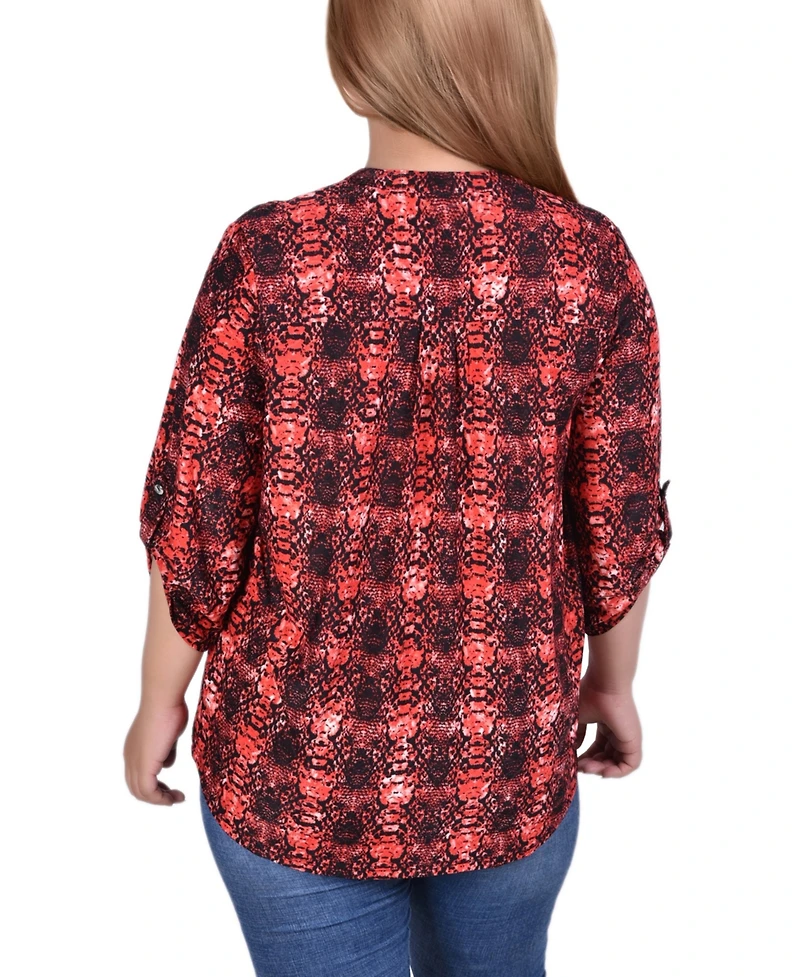 Ny Collection Plus 3/4 Roll Tab Sleeve Y-Neck Top