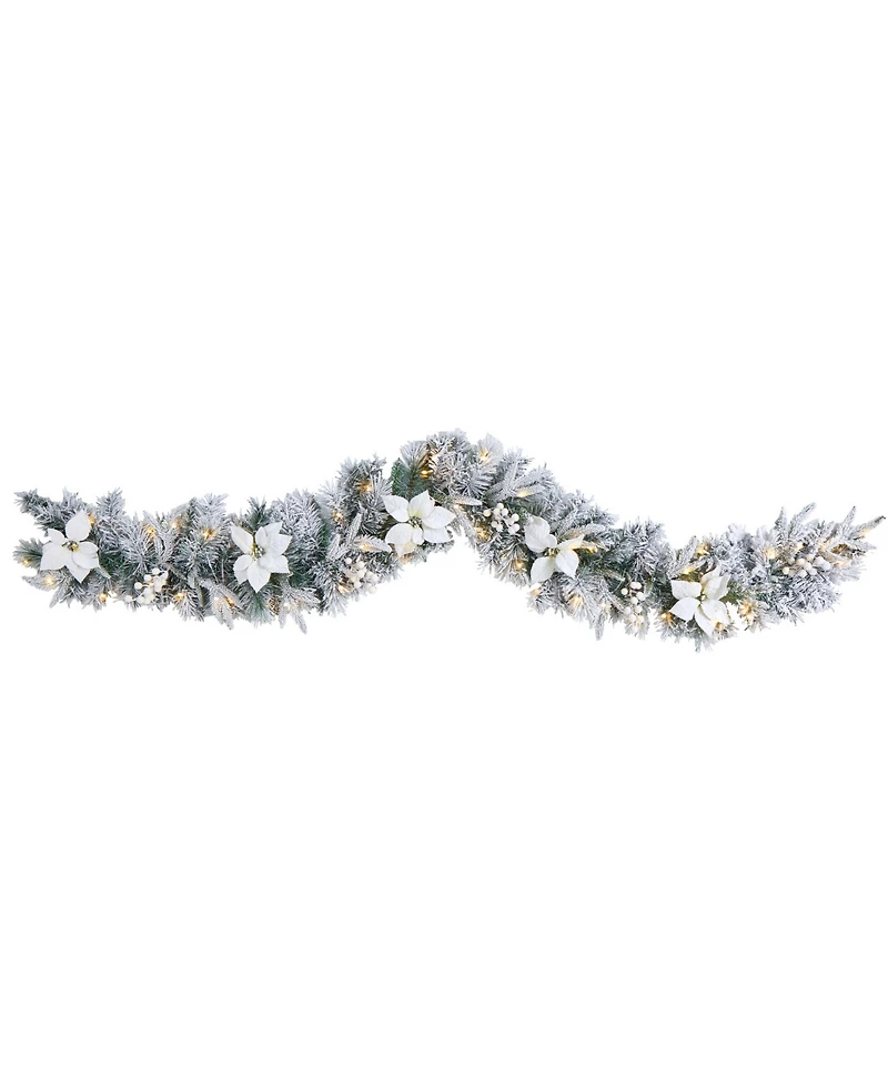 Flocked Poinsettia and Berry Artificial Christmas Garland with 50 Warm Led Lights, 6'