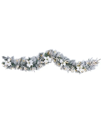 Flocked Poinsettia and Berry Artificial Christmas Garland with 50 Warm Led Lights, 6'