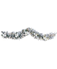Flocked Poinsettia and Berry Artificial Christmas Garland with 50 Warm Led Lights, 6'