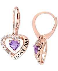 Amethyst (4/5 ct. t.w.) & White Topaz (5/8 ct. t.w.) Heart "I Love You" Leverback Drop Earrings in 18k Rose Gold-Plated Sterling Silver
