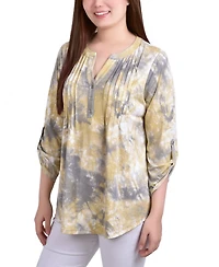 Ny Collection Petite Knit Jacquard 3/4 Sleeve Roll Tab Pintuck Top
