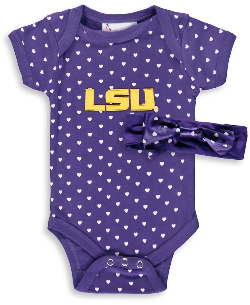 Infant Boys and Girls Purple Lsu Tigers Hearts Bodysuit and Headband Set, 2 Pack