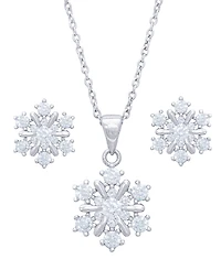 Silver Plated Cubic Zirconia Snowflake Earrings and Pendant Necklace Set