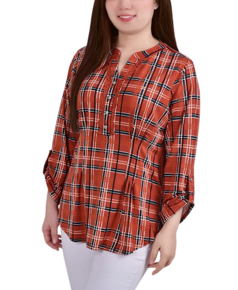 Petite Plaid Y Neck Top