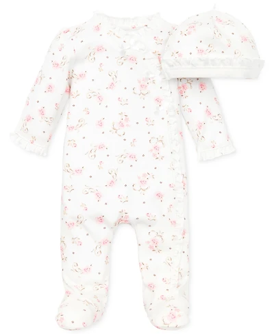 Little Me Baby Girls Vintage Rose Coverall with Matching Hat, 2 Piece Set